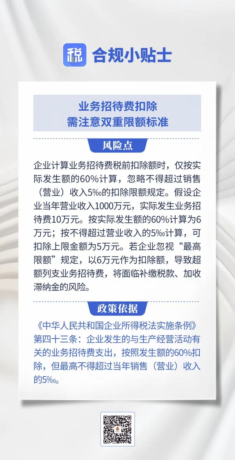 业务招待费税前扣除要注意“双重限额”:发生额60%与营业收入5‰孰低